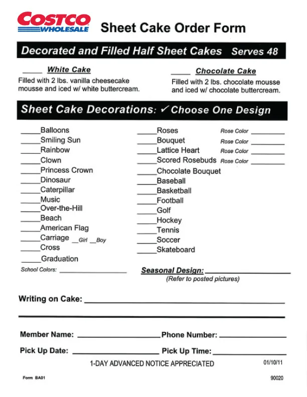 Costco Whole sale Cake Sheet Form